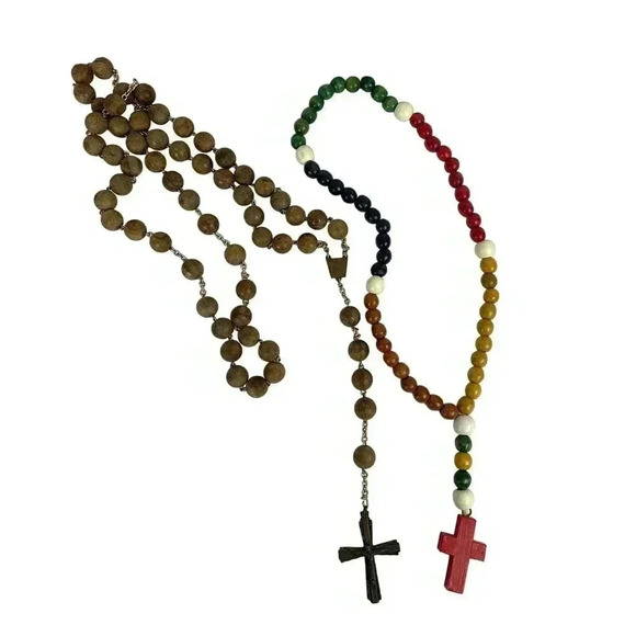 VTG Pair Wooden Rosaries Bronze Colorful - Picture 1 of 12